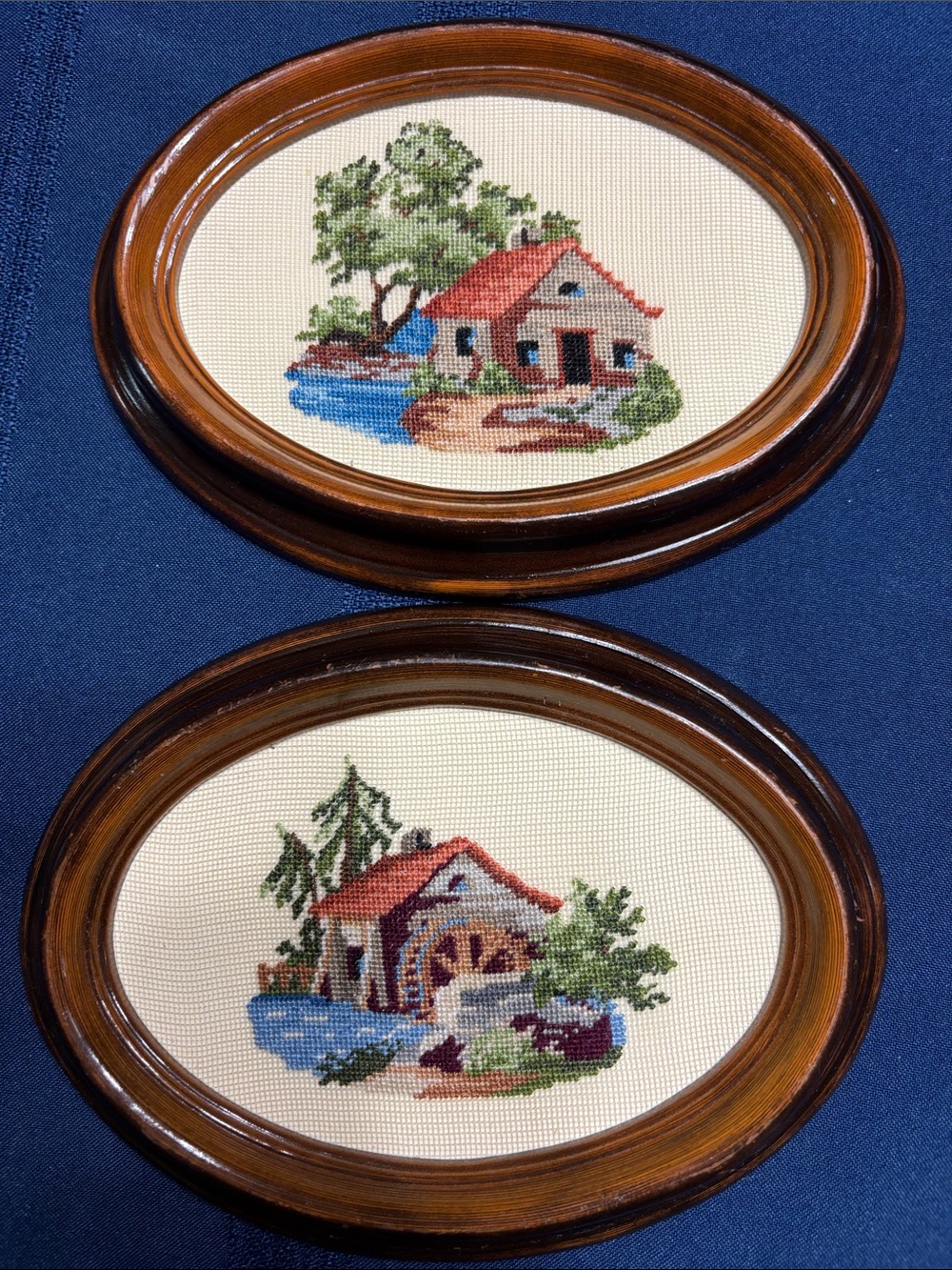 Framed Oval Needlepoint Cottage Pair - Red Roof, Green Trees